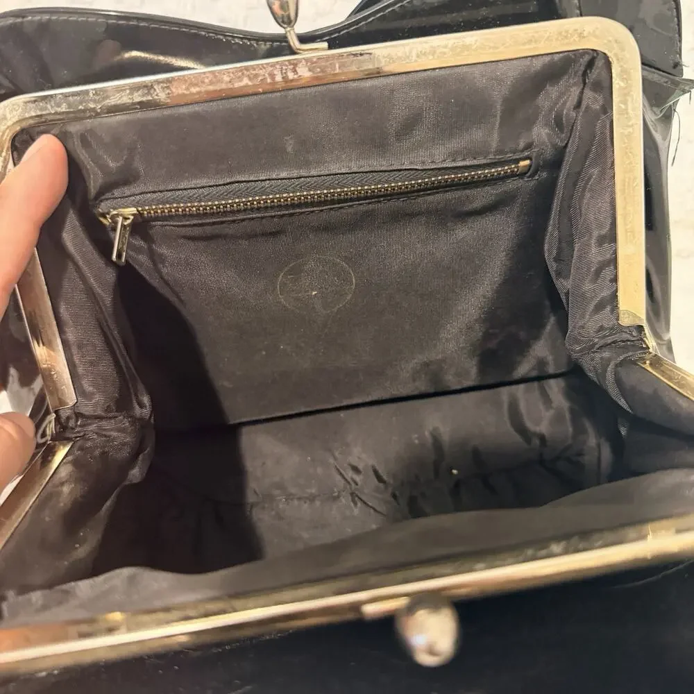 True Vintage 1960s Purse Black Handbag Gold Tone Kiss Lock Dressy Makers Mark